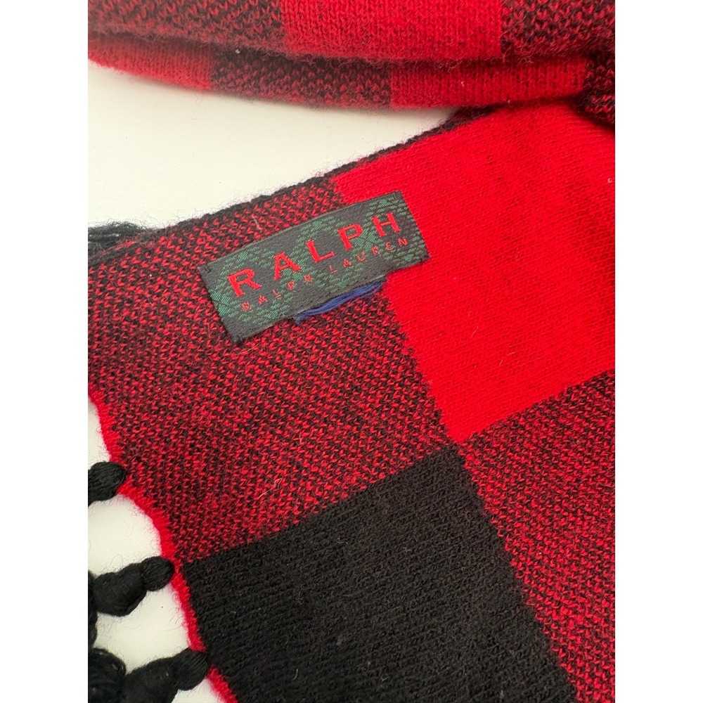 Ralph Lauren Red Black Buffalo Plaid Knit Beanie Pom Hat and Tassel Scarf Set - Picture 3 of 6